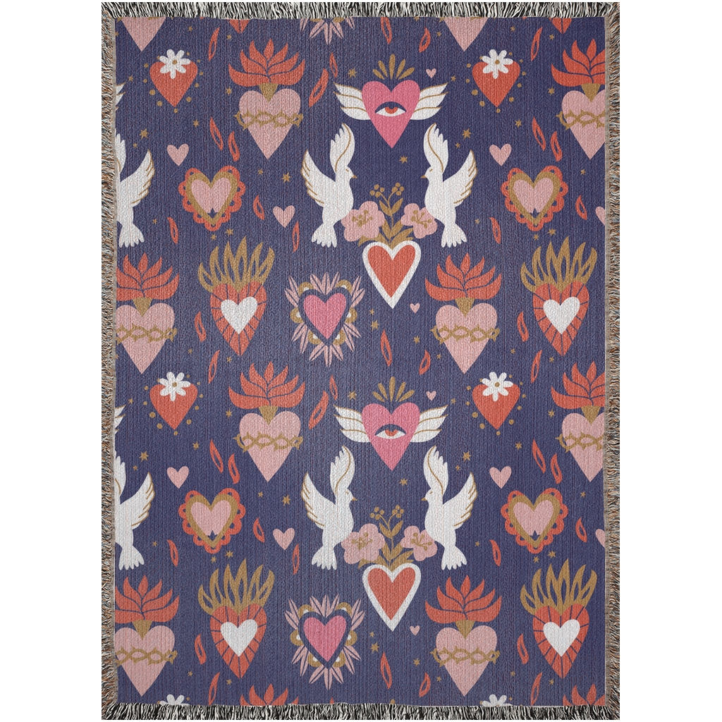 Doves, pink flowers and red sacred Hearts Woven Blanket. Mexican folk throw blanket