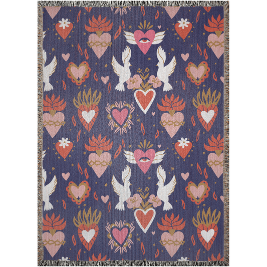 Doves, pink flowers and red sacred Hearts Woven Blanket. Mexican folk throw blanket