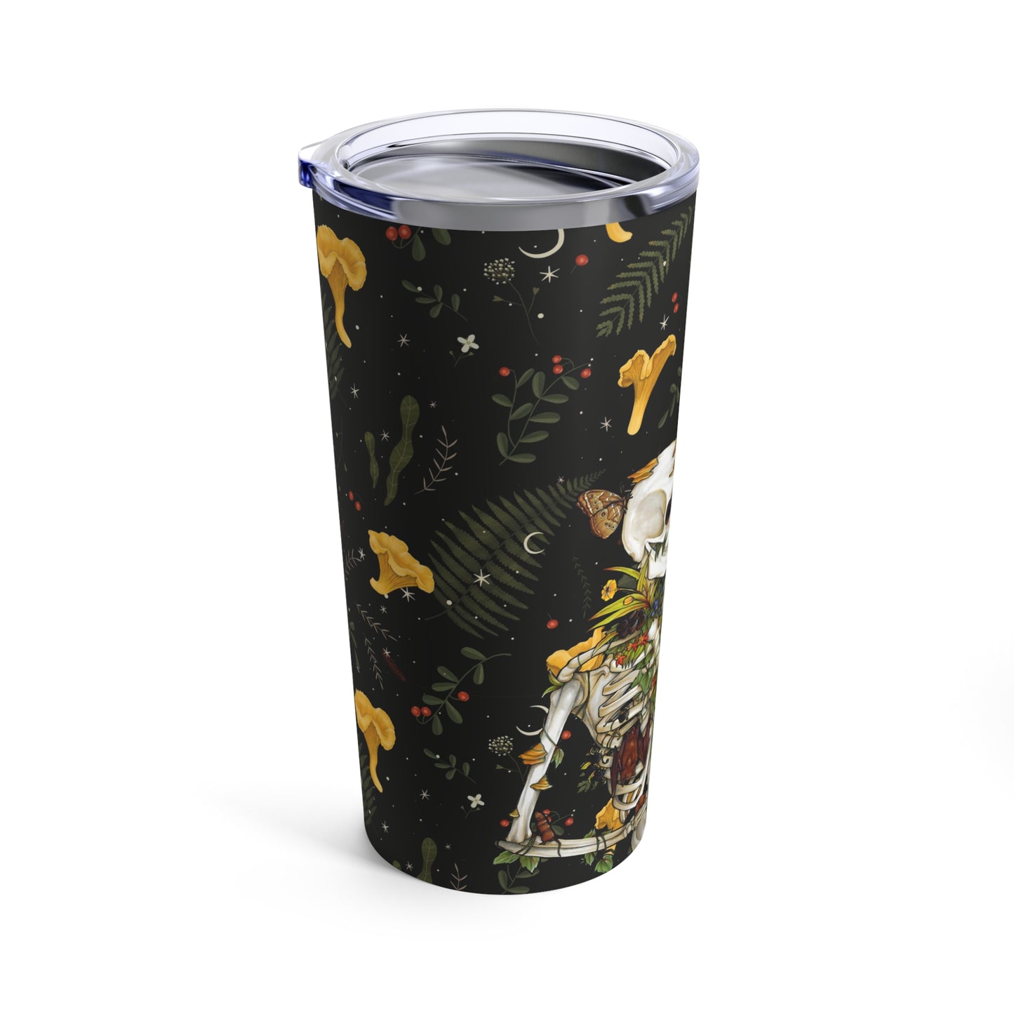 Skeleton Tumbler 20oz for him or her. Dark academia style with mushrooms and skeleton. Gothic tumbler for her or him.