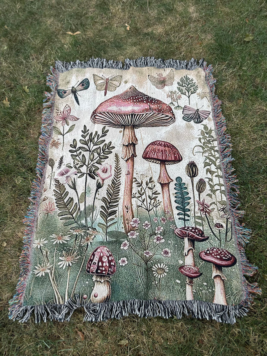 Mushrooms Woven Blanket for cottagecore home decor and mushroom lovers.