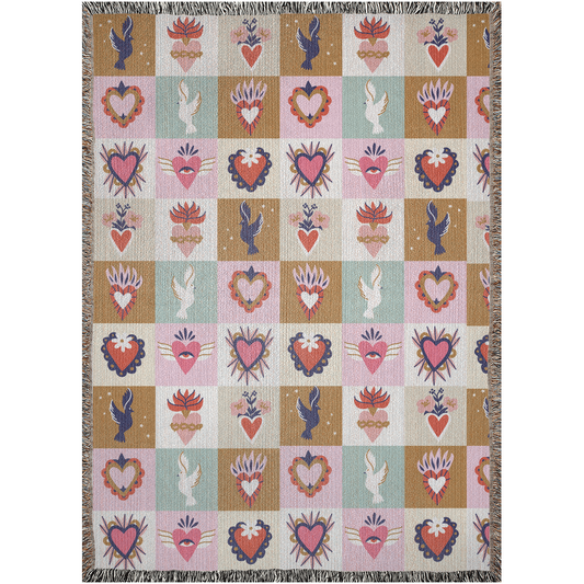 Sacred hearts and tdoves Woven Blanket. Mexican folk art. Mexican home decor. Cute picnic blanket