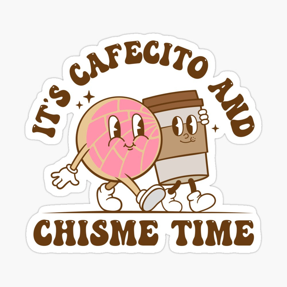 It’s cafecito and chisme time sticker for comadre, amiga or chismosa. Pan dulce, café y chisme waterproof sticker.