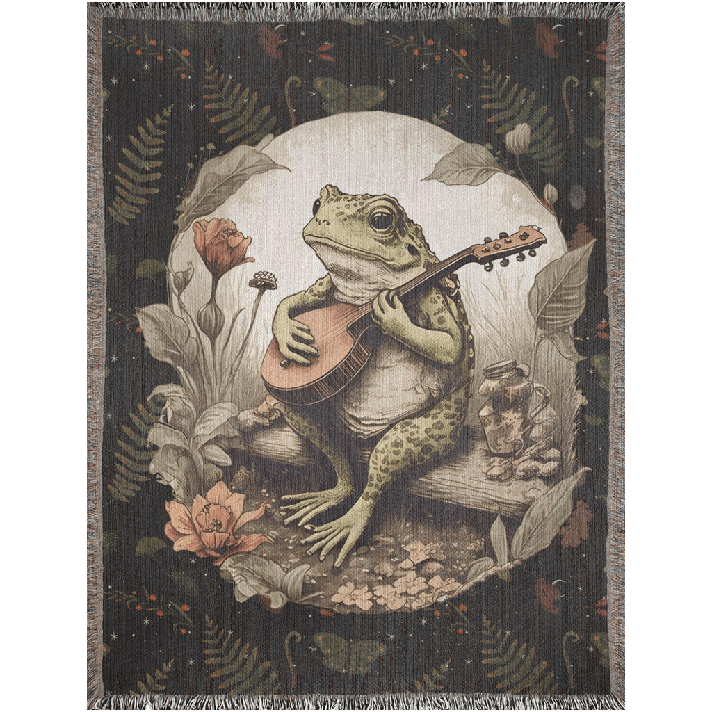 Frog Woven Blanket for Frog Lover or toad lover. Cottagecore home Decor. Frog Playing Banjo Art. Dark cottagecore decor.