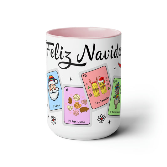 Feliz navidad Coffee Mugs, 15oz for Mexican family or Latin friend. Mexica cup for him or her. El burrito sabanero, los tamales, el Santa.