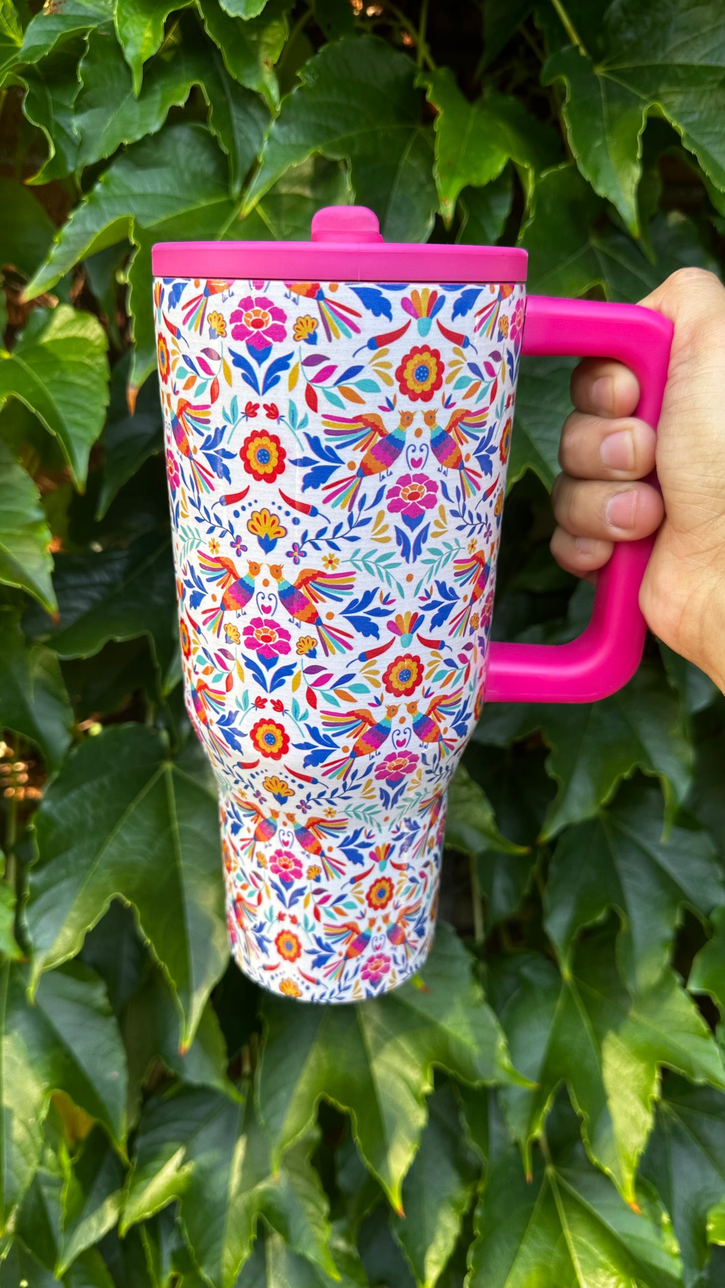 Pink Otomi tumbler. 32oz stainless steel tumbler with Mexican folk art