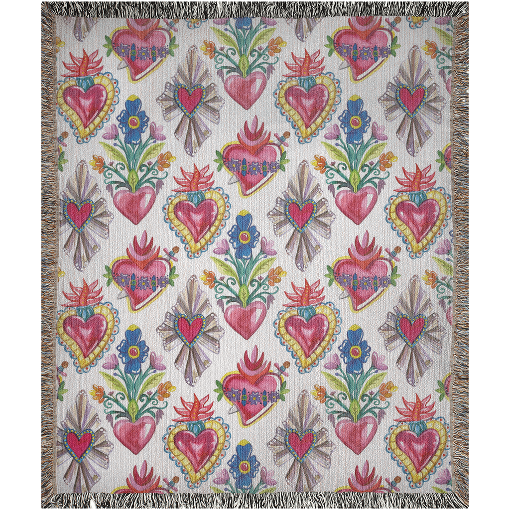 Sacred hearts art woven blanket for her or him. Mexican folk art tapestry. Mexican blanket with sagrado corazon.