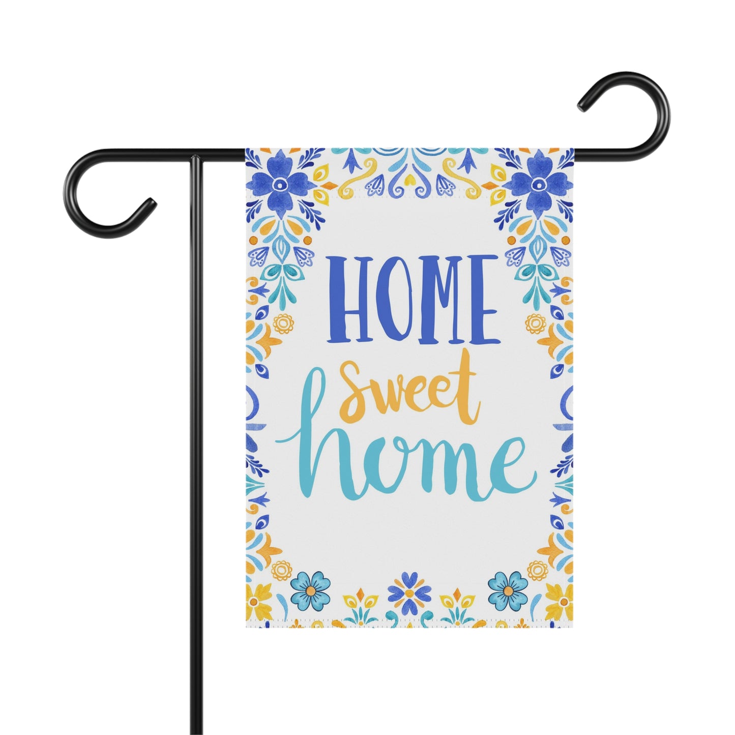 Home sweet home Garden Banner. Blue, white and yellow garden flag with mexican talavera.