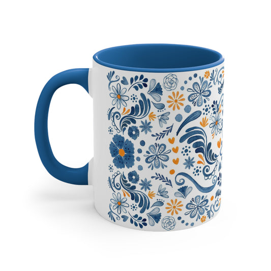 Mexican flowers Coffee Mug, 11oz. Blue orange and white Talavera mug. Mexican coffee mug