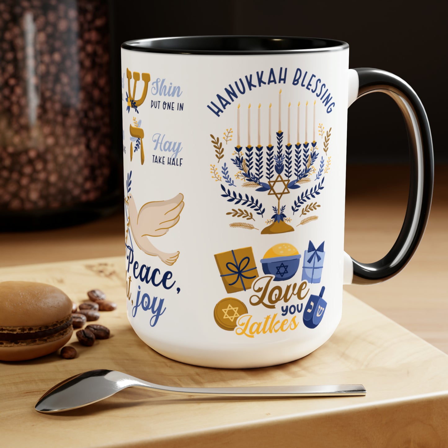 Hannukah Coffee Mugs, 15oz for holiday season. Ceramic coffee mug for Jewish. Hannukah gift for him or her.