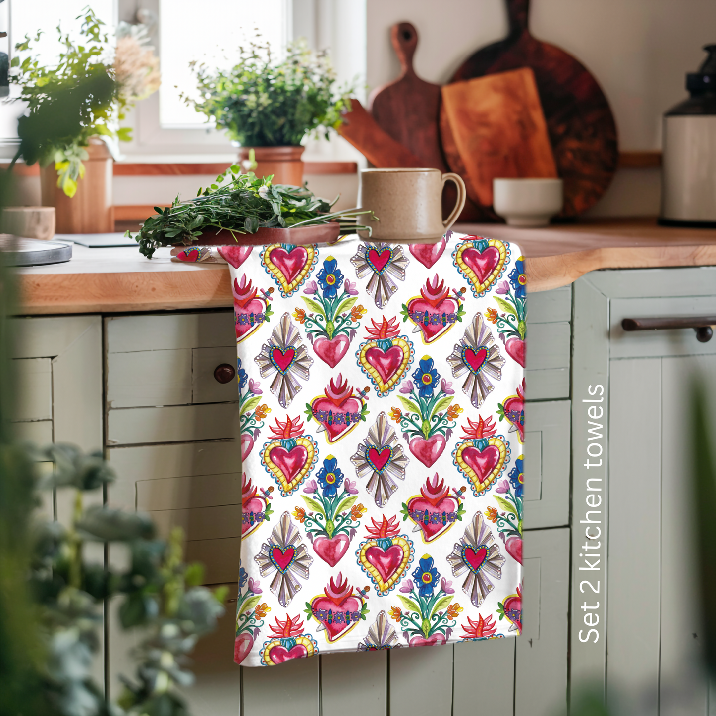 Milagritos kitchen towels for Latin kitchen decor. Sacred hearts tea towels for modern Mexican home decor. Sagrado corazones.