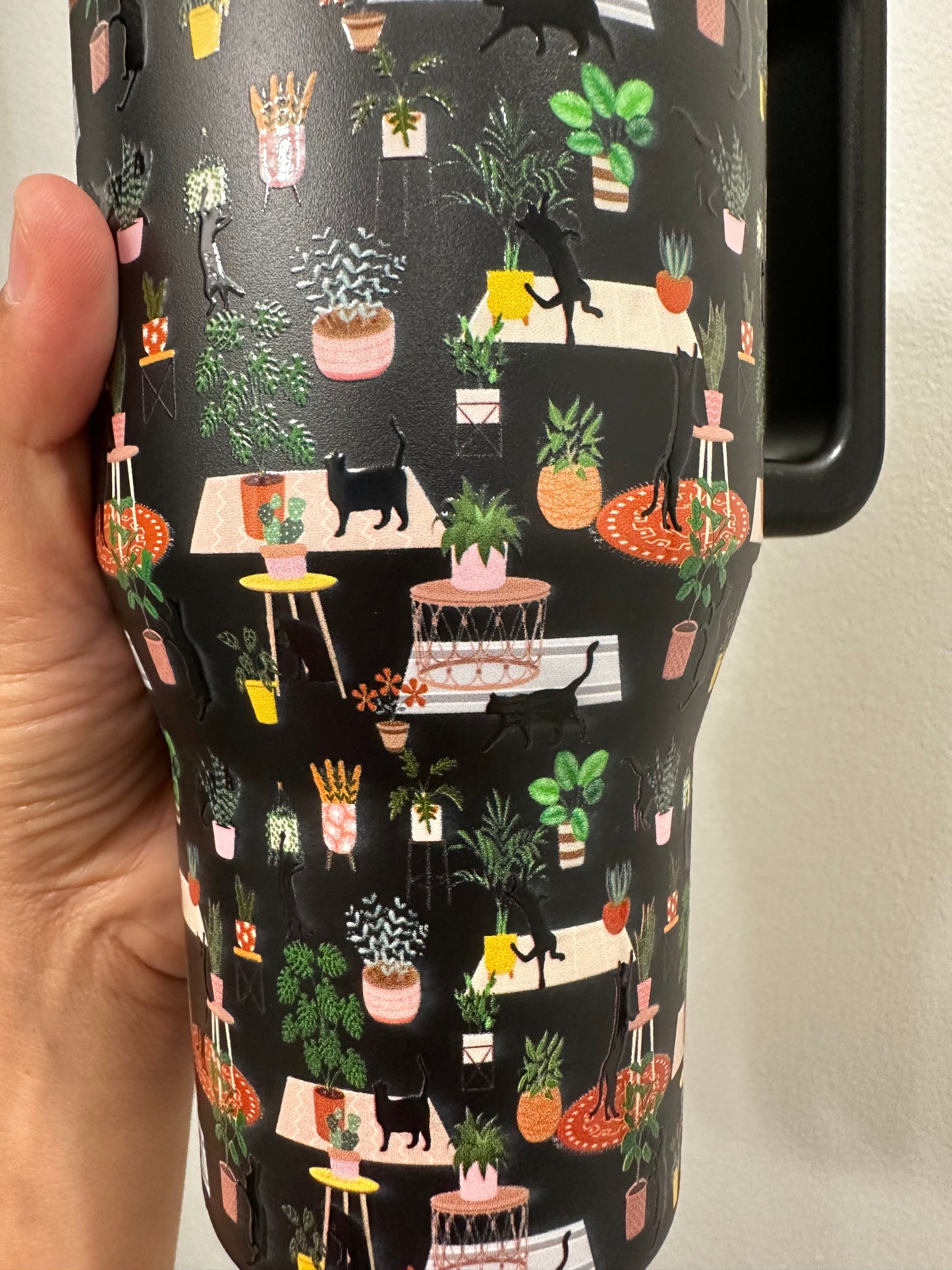 Cat Lover and Plant Lady Stainless Steel Tumbler - 32oz Black Cat and Plants Design - Bottle, Drinkware