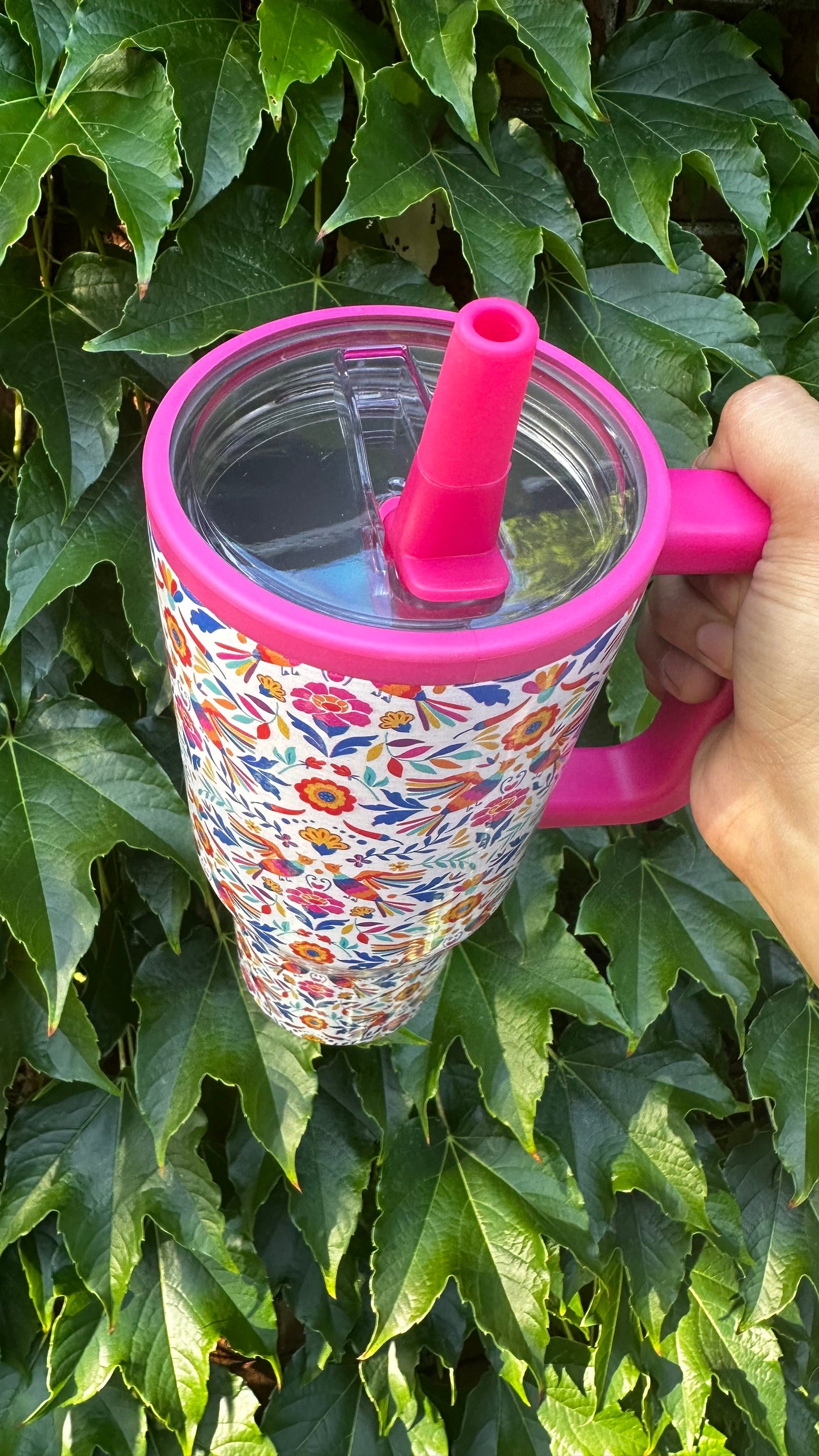 Pink Otomi tumbler. 32oz stainless steel tumbler with Mexican folk art