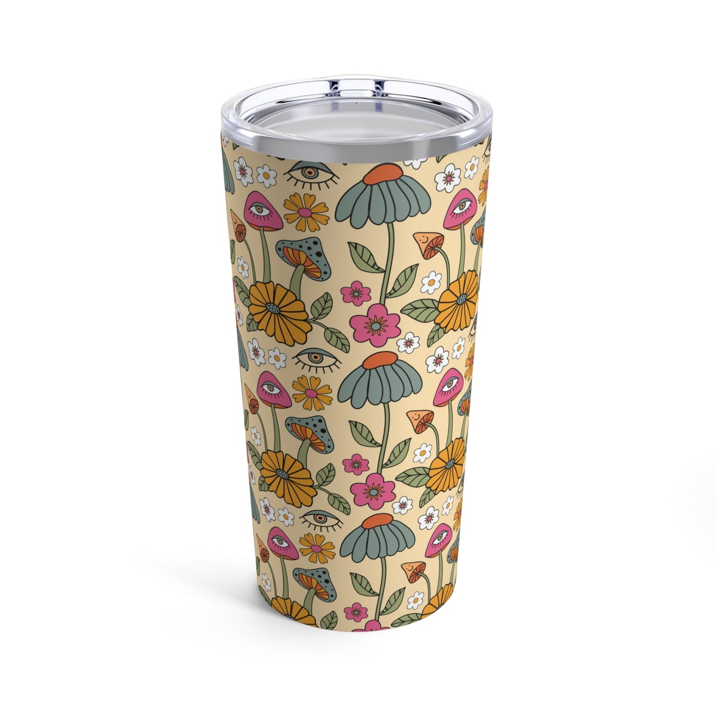 Groovy stainless Tumbler 20oz for her. Vacuum insulated with groovy mushroom and flowers. Christmas gift for family or friends