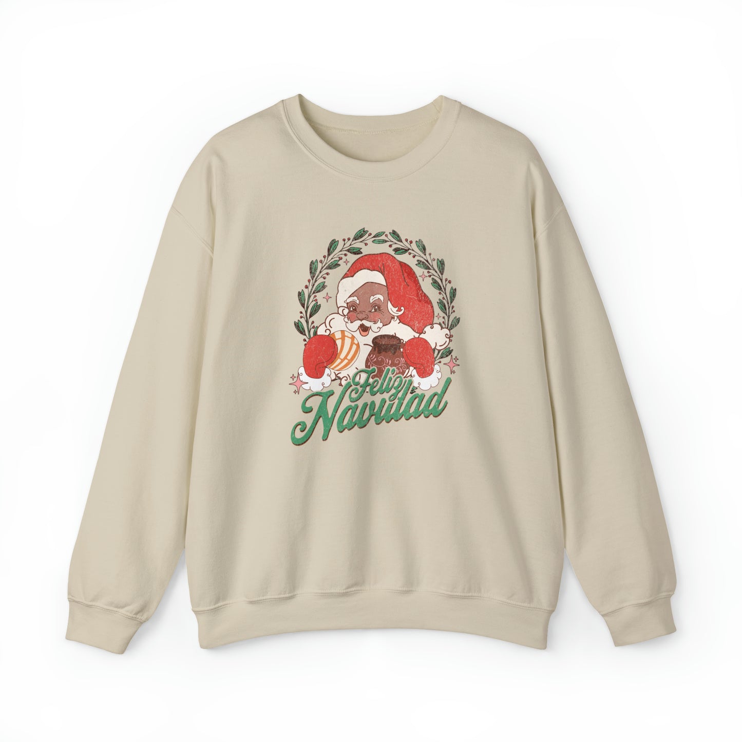 Feliz navidad  Heavy Blend Crewneck Sweatshirt for him or her. Santa Claus eating concha and drinking cafecito.