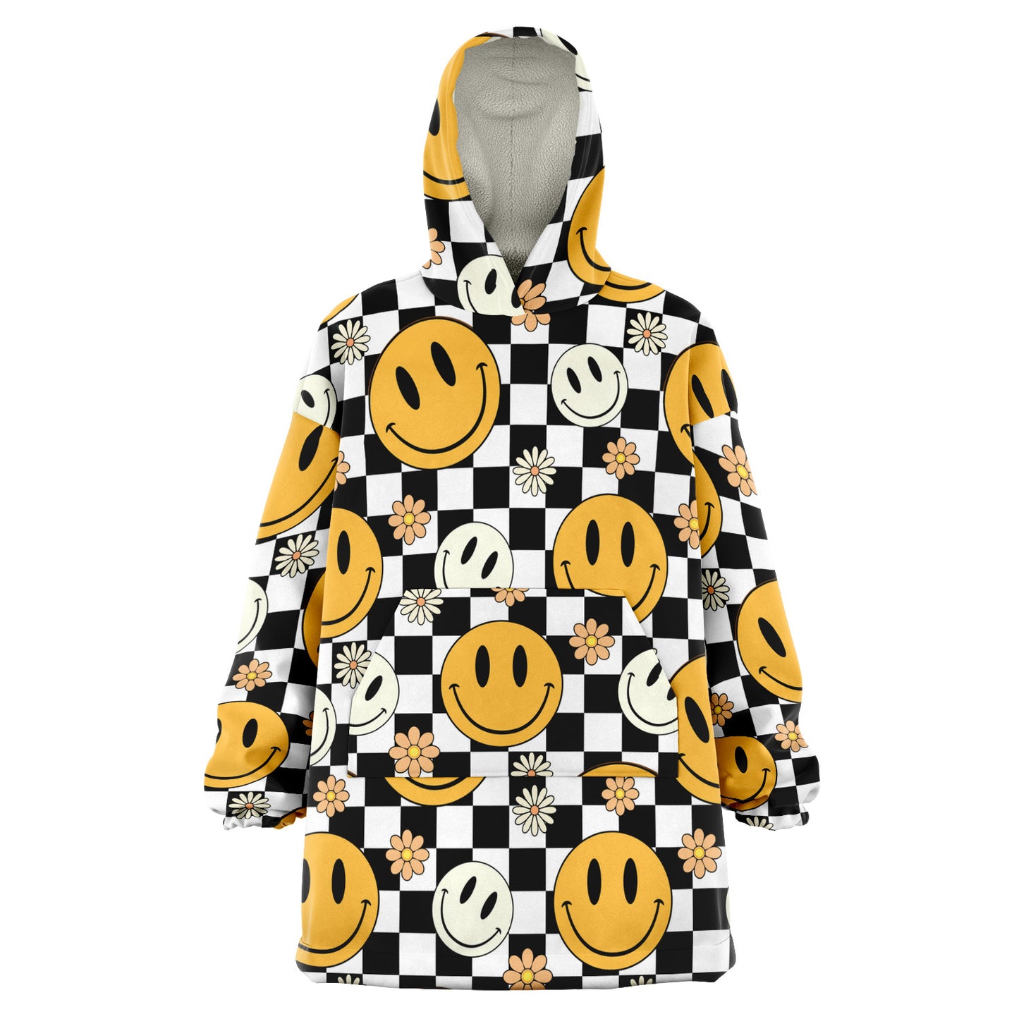 Black and white checkered Snug Hoodie with happy face and daisy flowers for him or her.