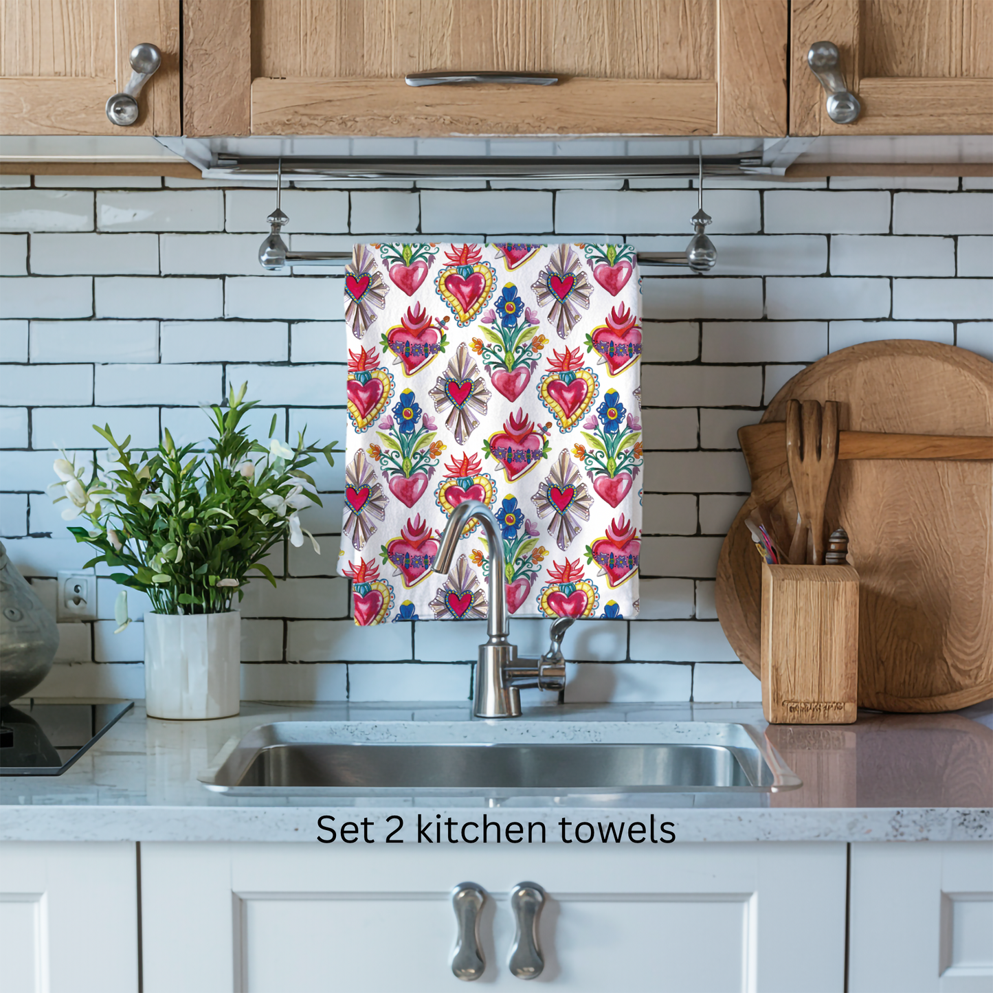 Milagritos kitchen towels for Latin kitchen decor. Sacred hearts tea towels for modern Mexican home decor. Sagrado corazones.