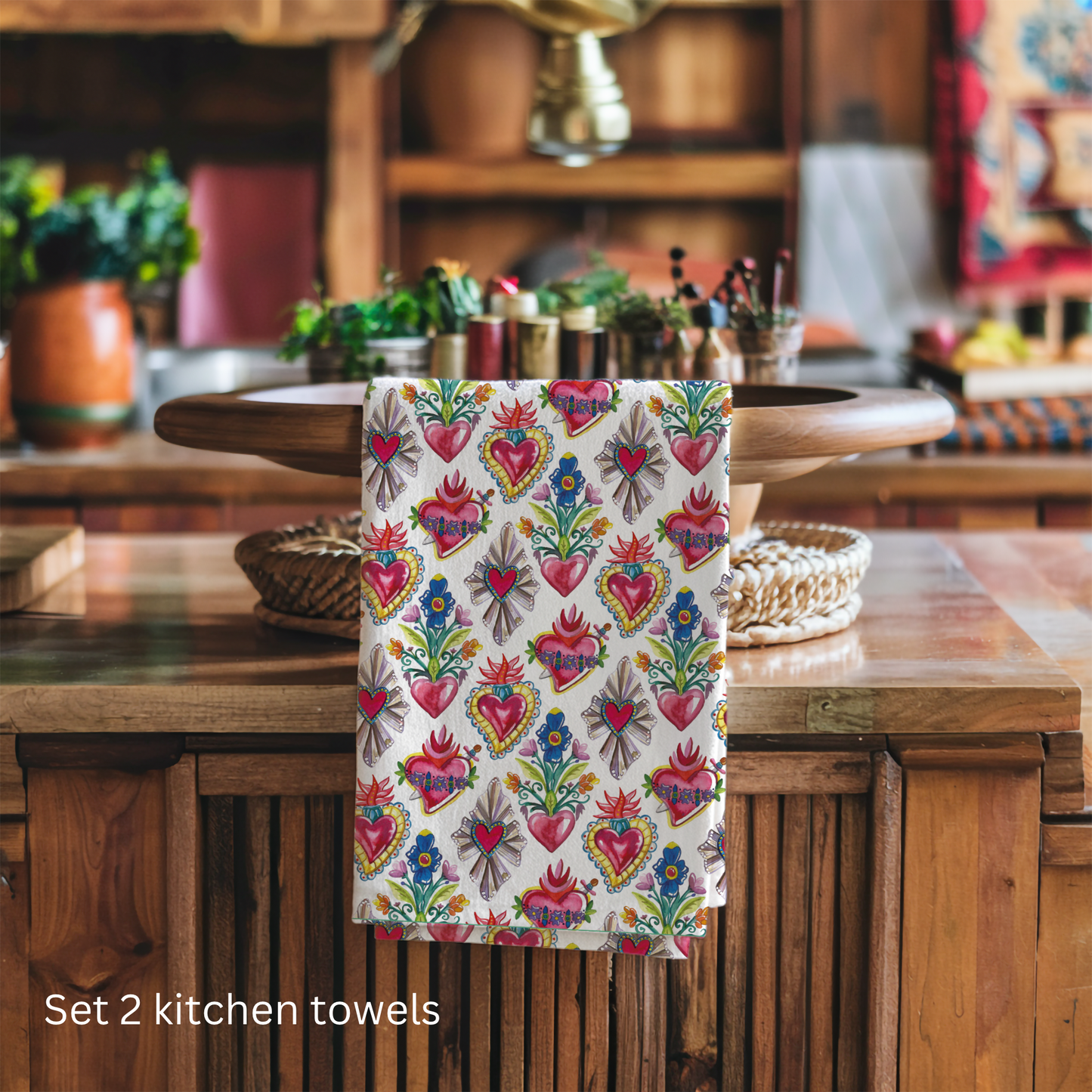 Milagritos kitchen towels for Latin kitchen decor. Sacred hearts tea towels for modern Mexican home decor. Sagrado corazones.