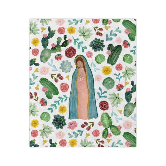 Watercolor lady Guadalupe Blanket. Cactus, flowers and virgencita throw blanket for Mexican family or friends. Christmas gift ideas.