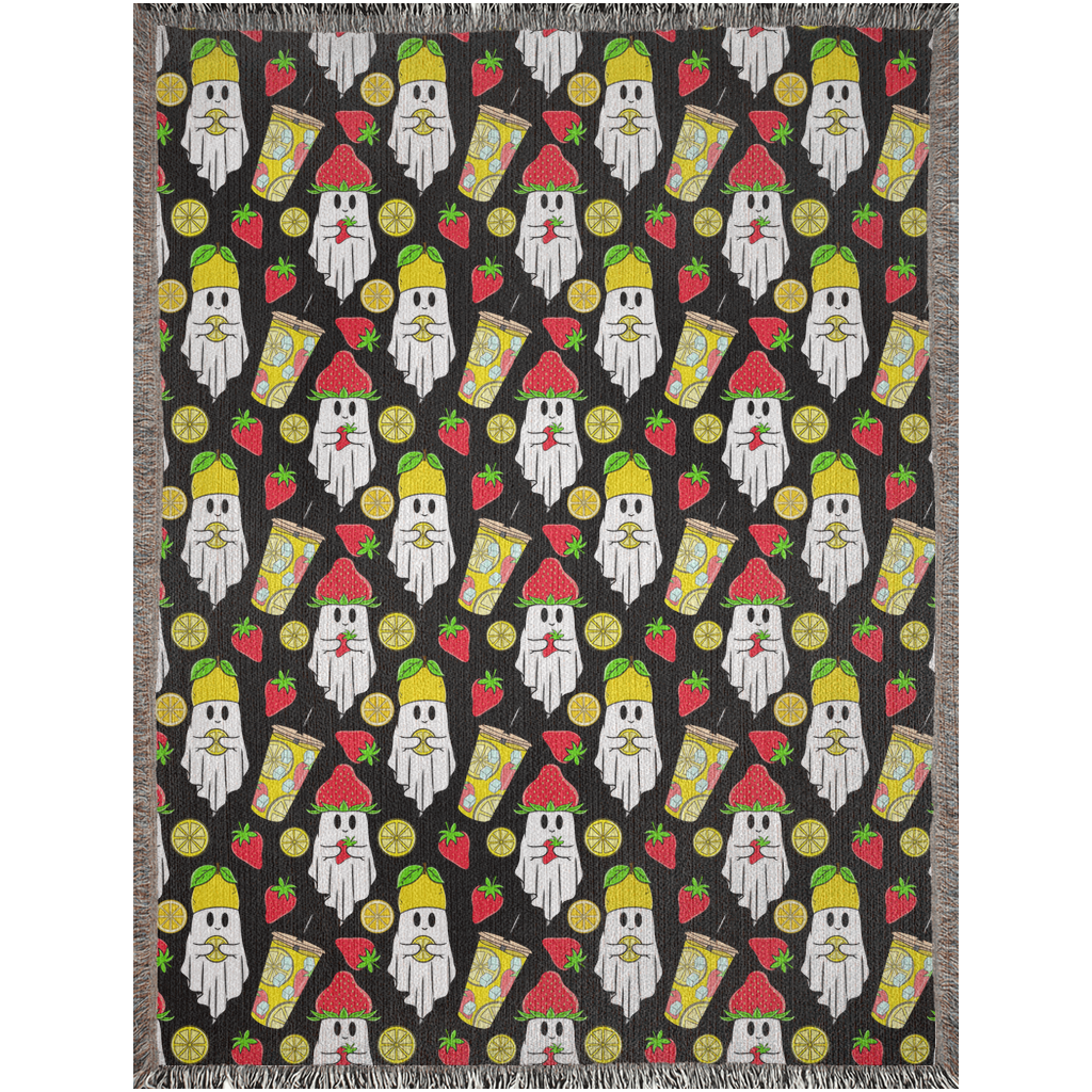 Ghost Woven Blankets. Ghost holding lemon blanket and ghost holding strawberry woven blanket. Gift for Halloween lover.