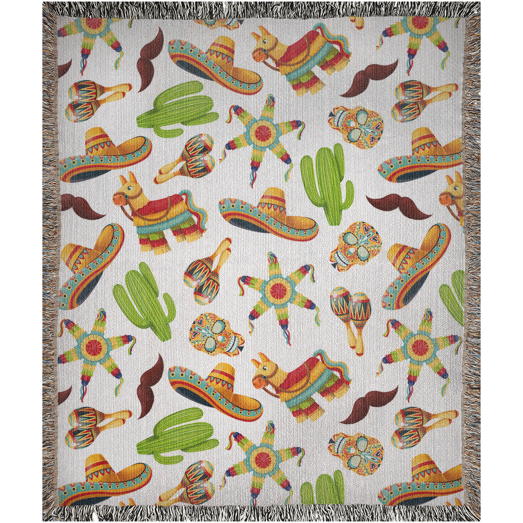 Mexican culture Woven Blanket with cute illustrations of sombreros, piñatas, maracas, cactus, calaveras, burritos, and bigotes (mustache)