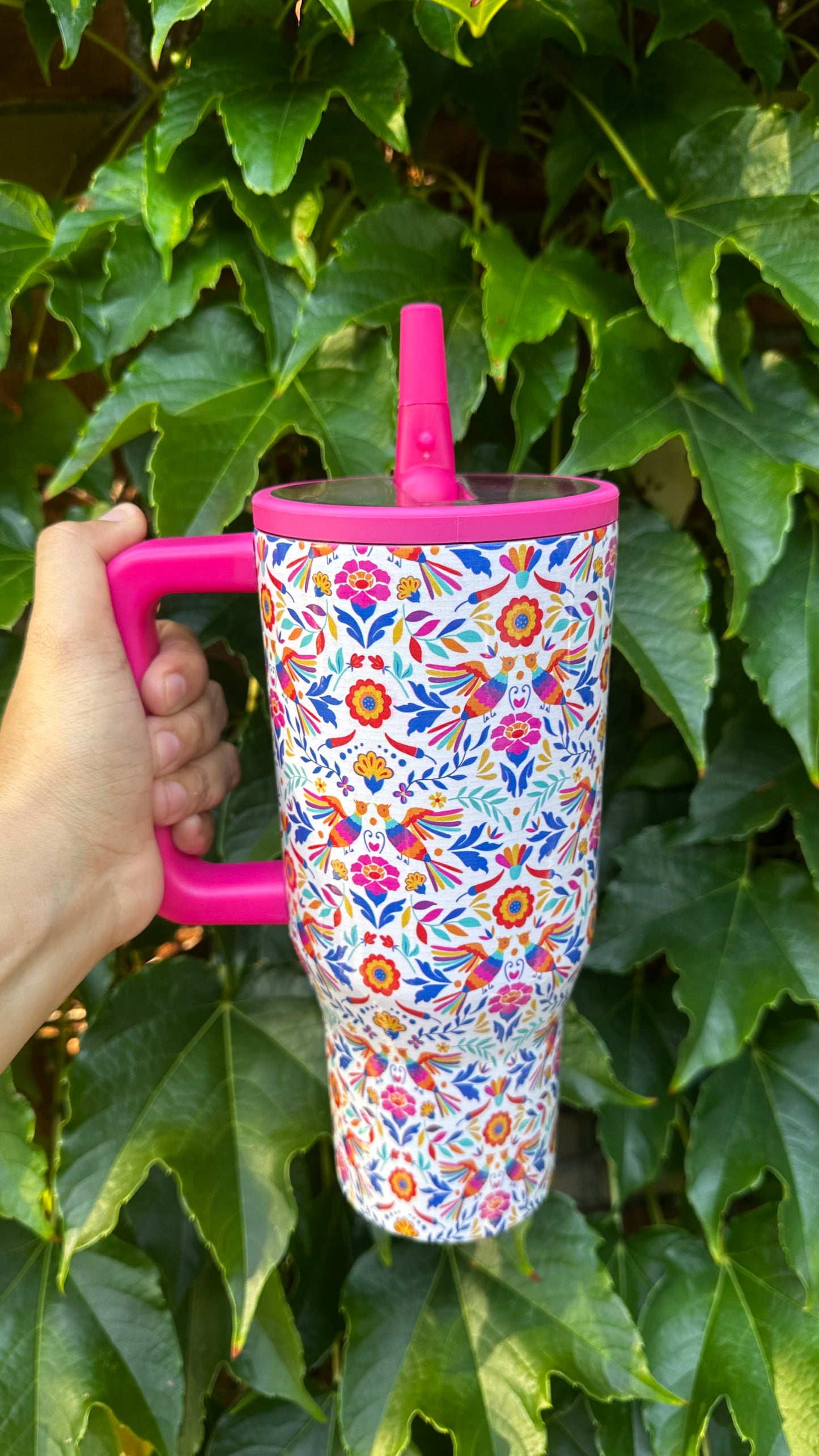 Pink Otomi tumbler. 32oz stainless steel tumbler with Mexican folk art