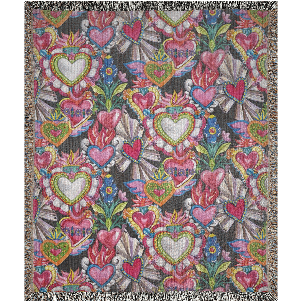 Collage of sacred hearts Woven Blanket. Mexican folklore art for him or her. Picnic blanket, beach blanket, throw blanket.