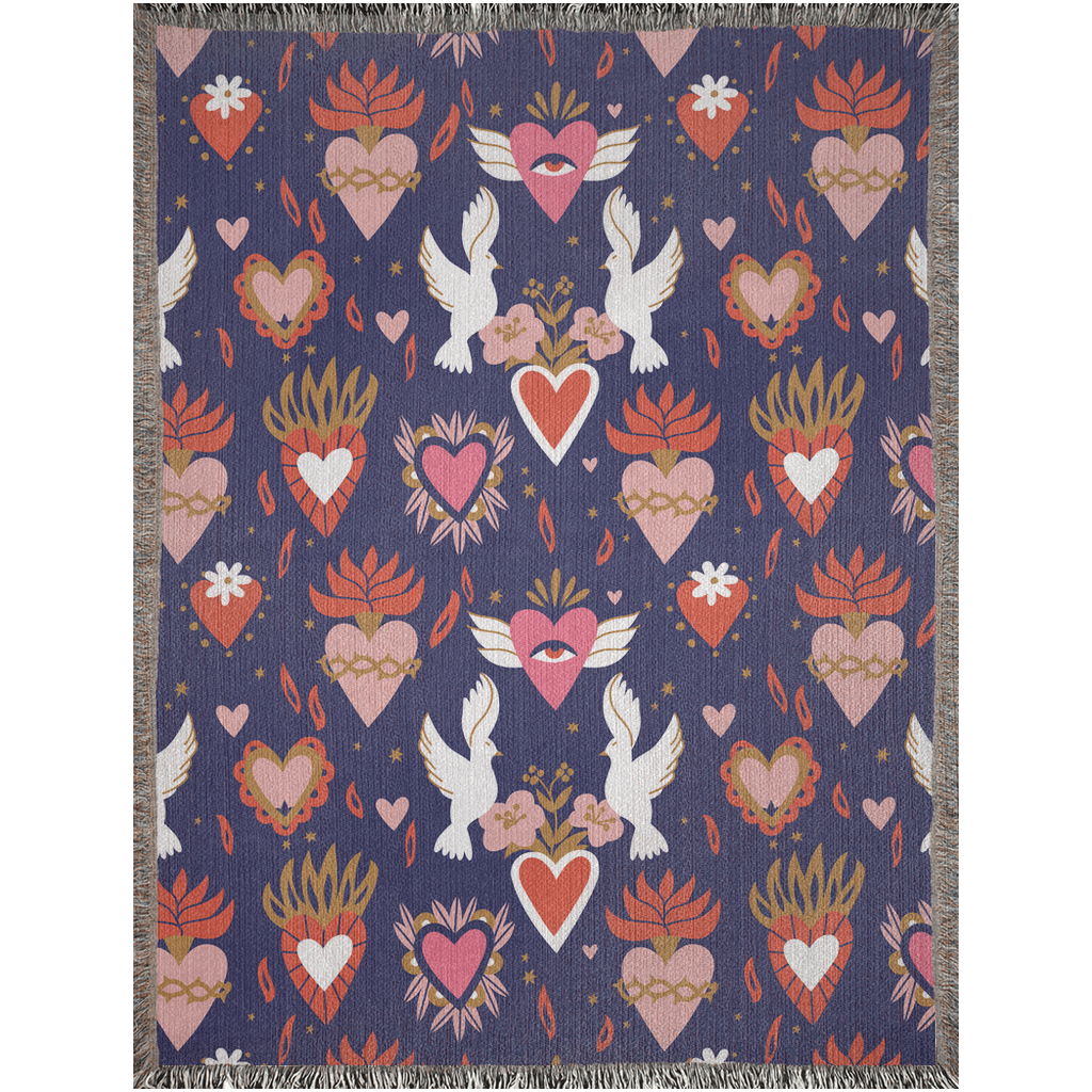 Doves, pink flowers and red sacred Hearts Woven Blanket. Mexican folk throw blanket