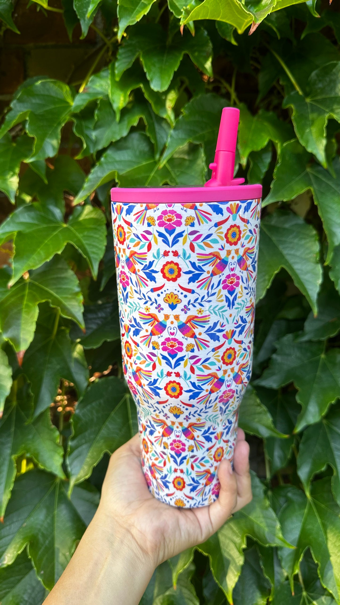 Pink Otomi tumbler. 32oz stainless steel tumbler with Mexican folk art