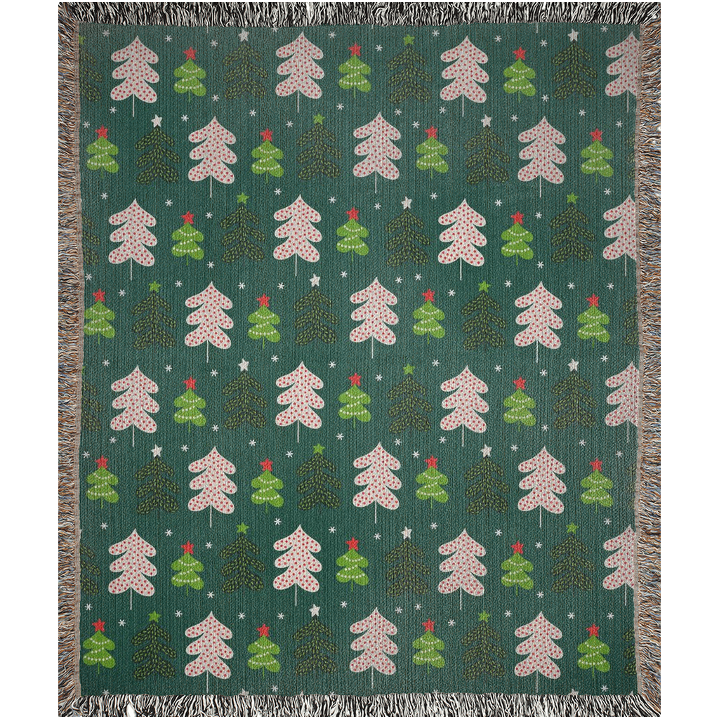 Christmas Tree Woven Blanket for holiday season. Green throw woven blanket with Christmas tree.