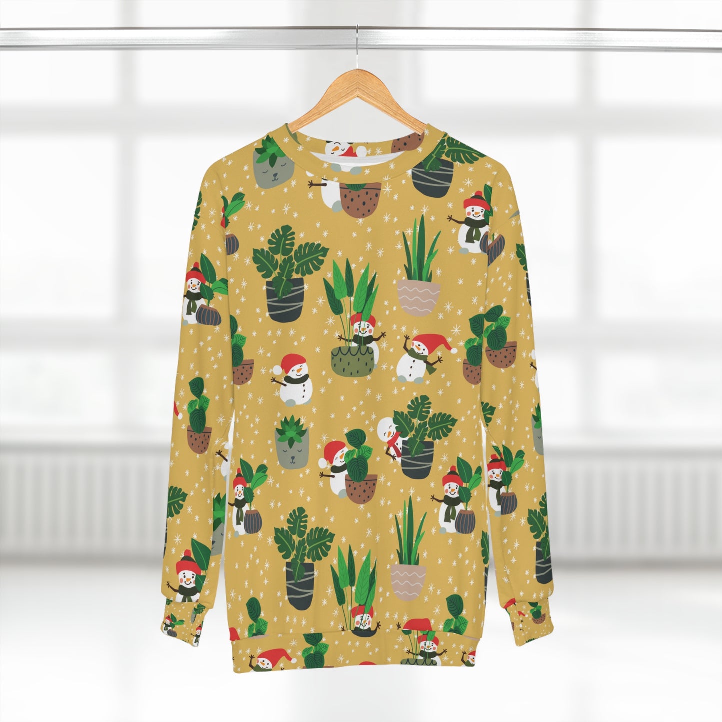 Snowman with house plants Unisex Sweatshirt for holiday season. Christmas ugly sweater for plant lover