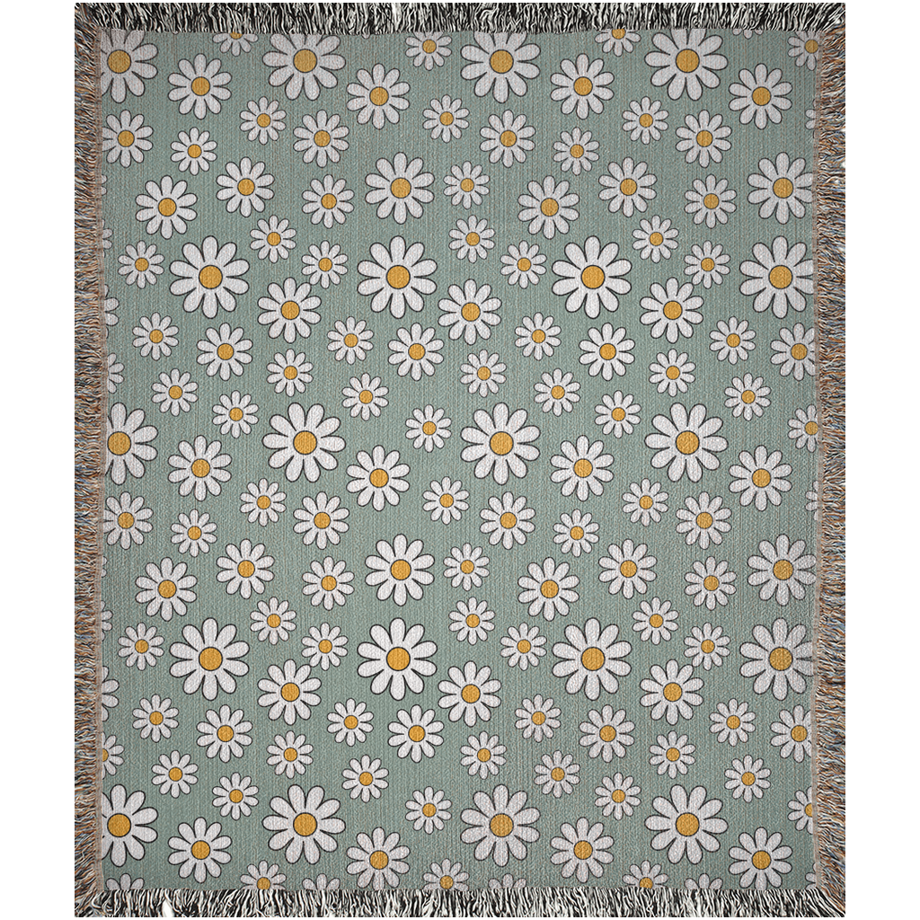 Daisy Flowers Woven Blanket. Sage Blanket With White Flowers. Floral Woven Blanket. Groovy Flowers Blanket