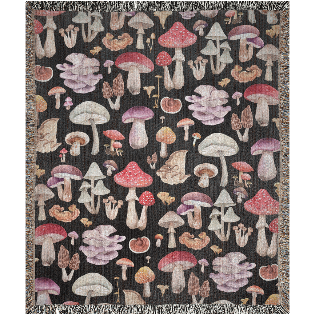 Mushroom Woven Blankets For Mushroom Lover or Mycologist. Fungus blanket with shiitake, amanita, chanterelle, enokitake. Mushroom bedding.