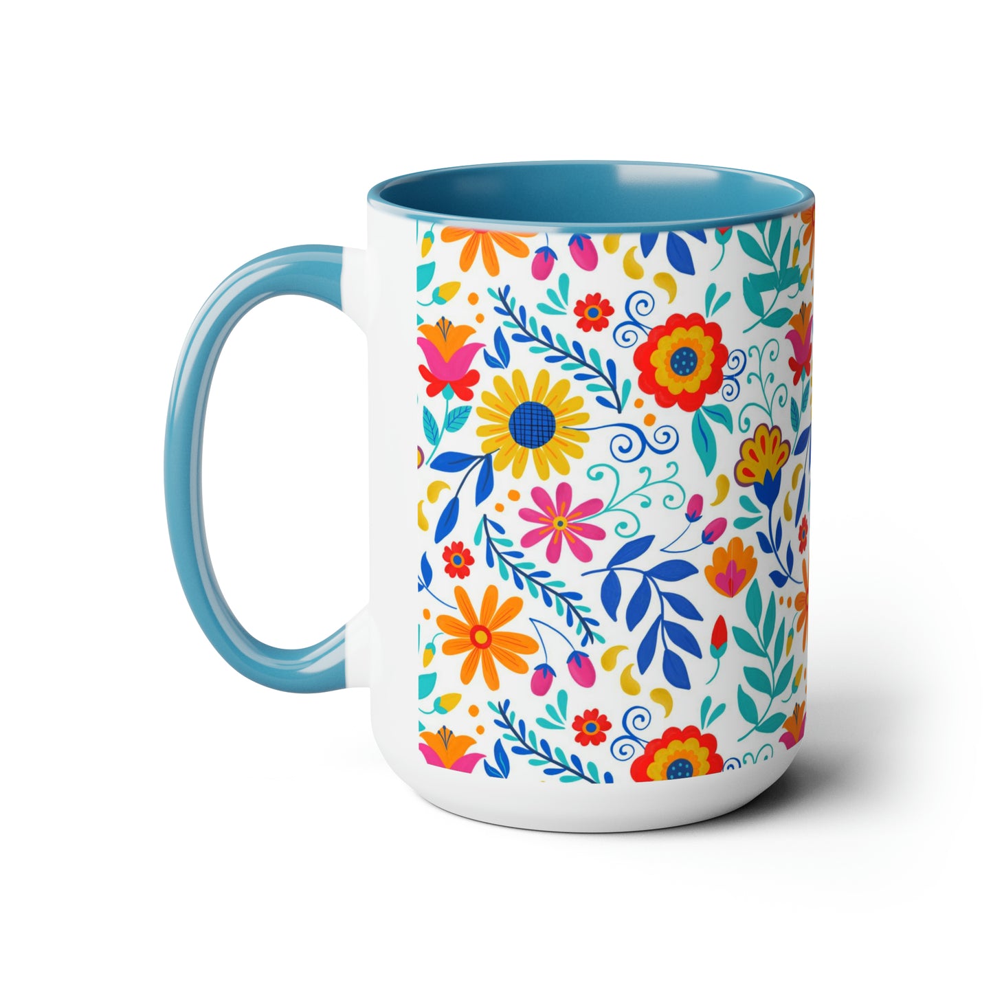 Mexican flowers Coffee Mugs, 15oz for mom or friends. Floral gift for her. Mexican folk art with flowers and leaves.