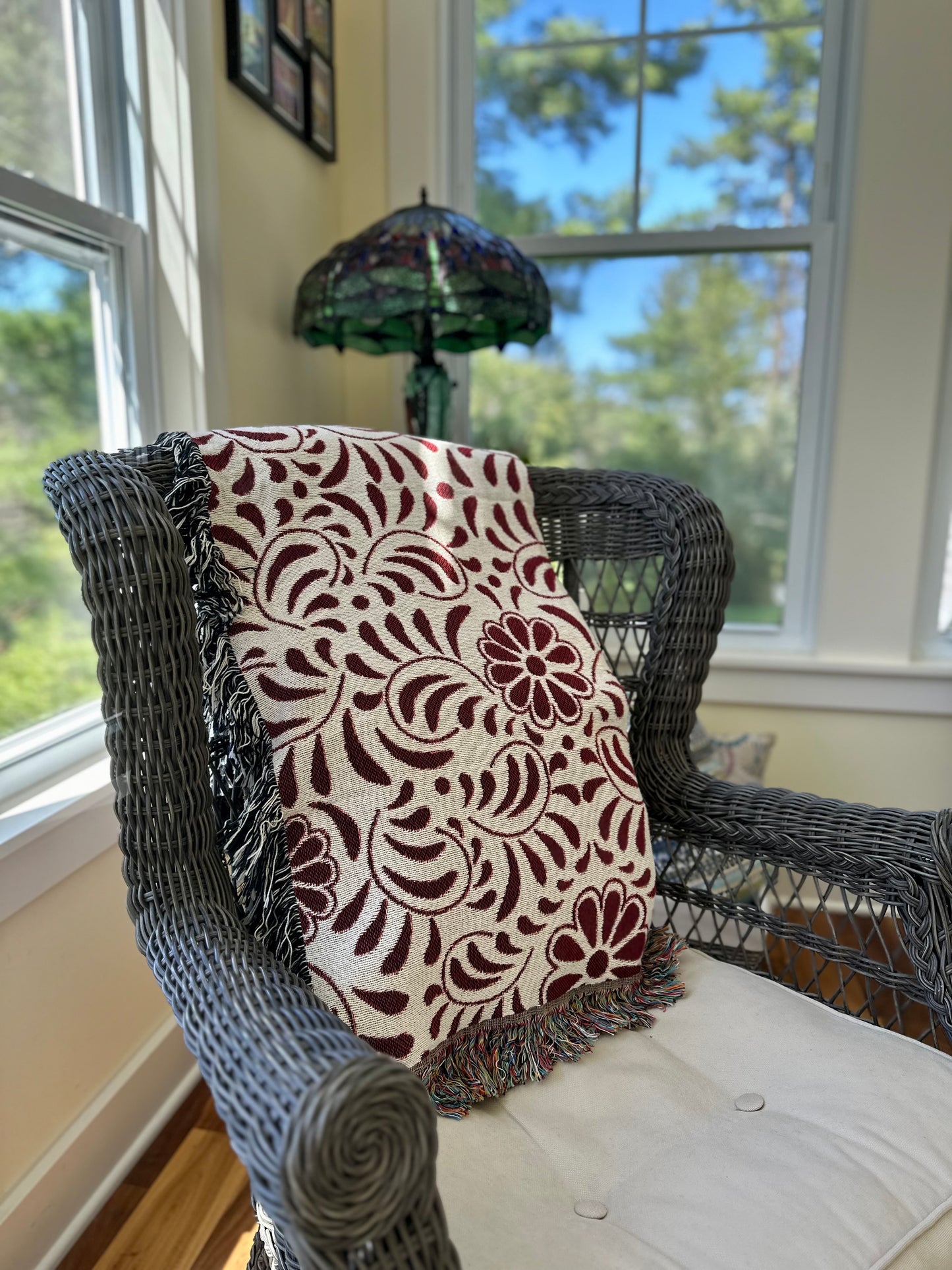 Red and beige woven blanket with Mexican Talavera design. Otomi Red And White Woven Blanket. Mexican blanket