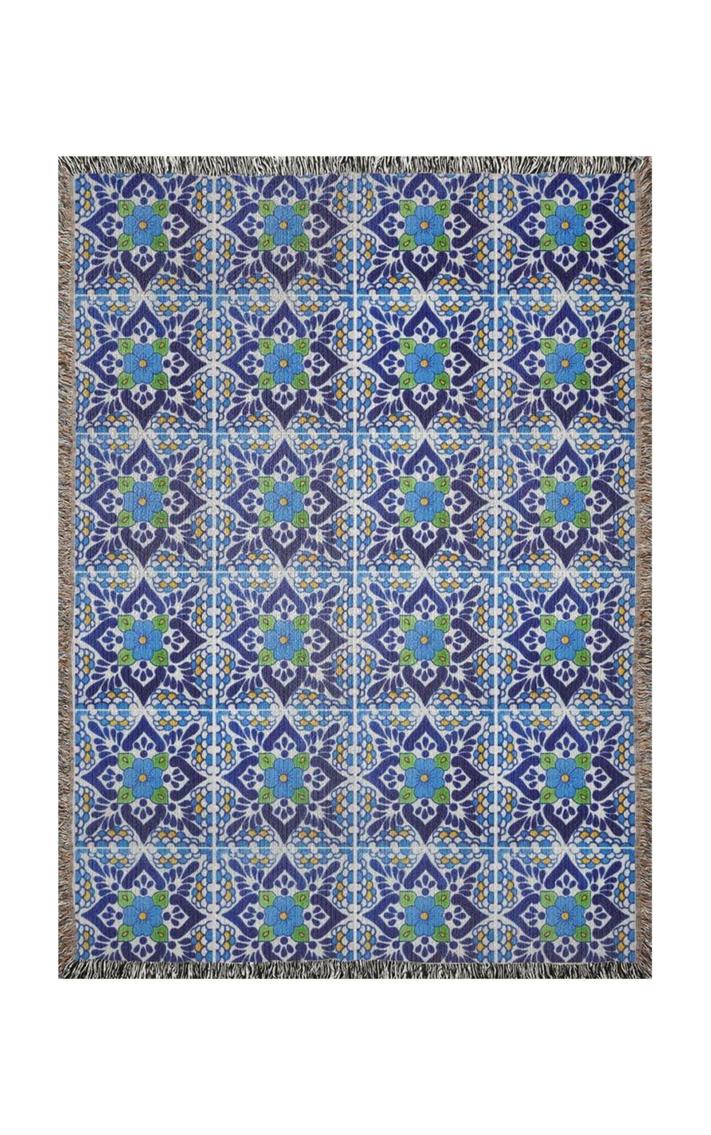Floral blue tiles woven blanket 50x60” clearance