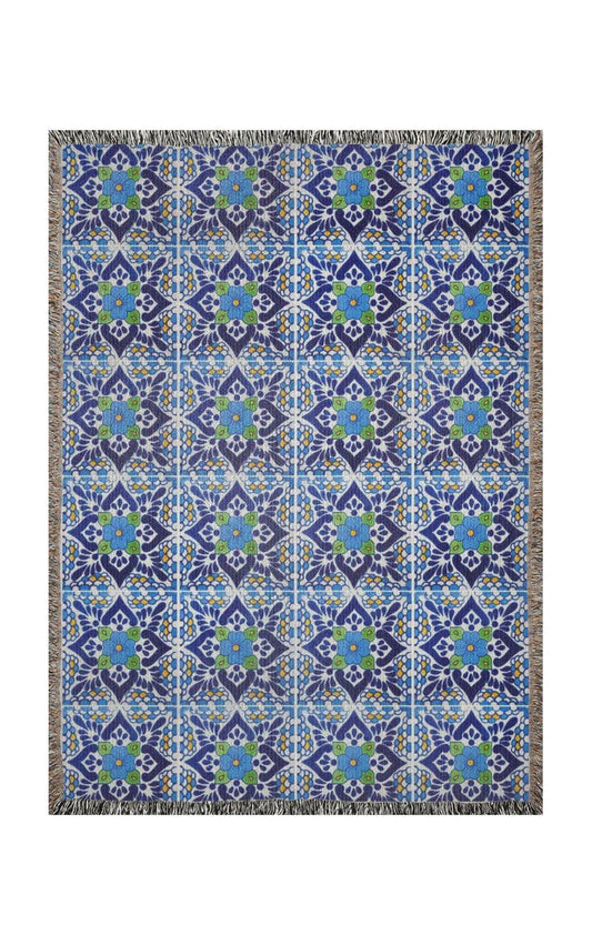 Floral blue tiles woven blanket 50x60” clearance