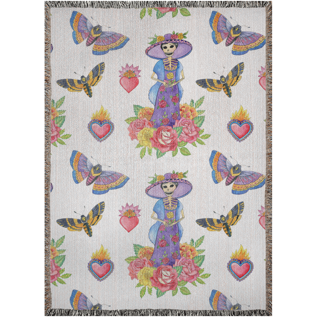 Catrina, moths and cempazuchitl flower Woven Blankets. Mexican blanket. Mexican folk art