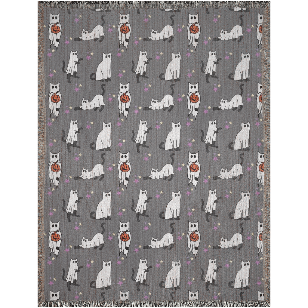 Ghost cats Woven Blankets for cat lovers and Halloween lovers. Cute spooky home decor.
