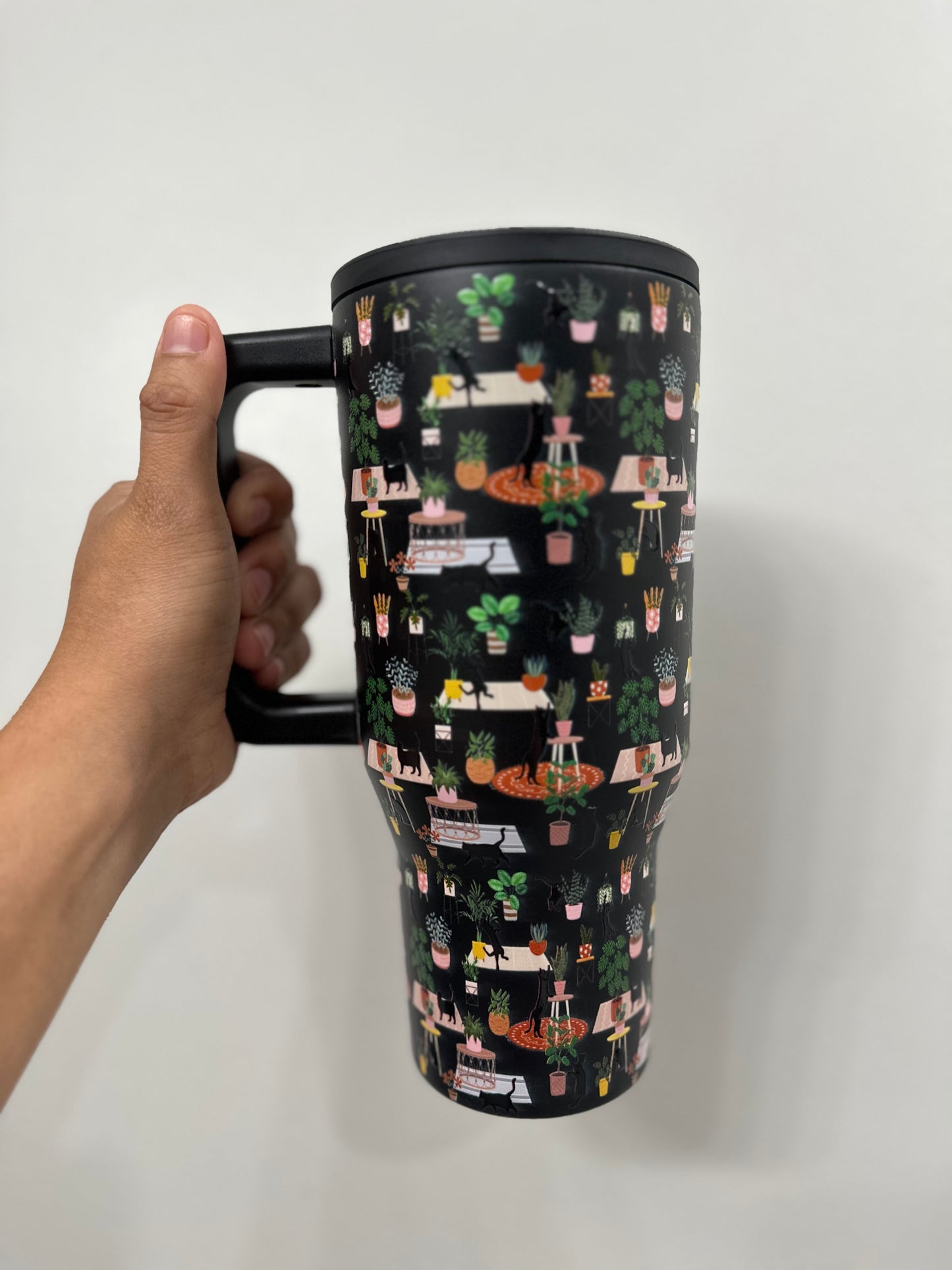 Cat Lover and Plant Lady Stainless Steel Tumbler - 32oz Black Cat and Plants Design - Bottle, Drinkware