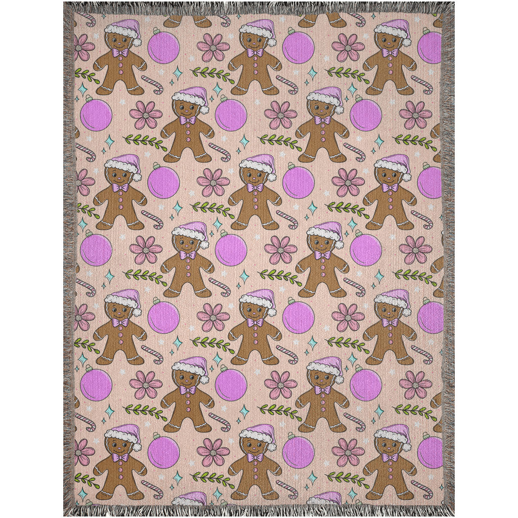 Cute gingerbread man Woven Blanket with pink Christmas decor for holiday season.