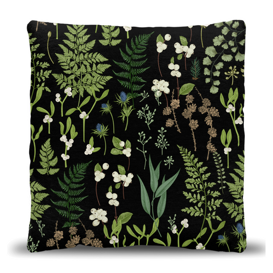 Botanical Woven Pillow with black background.