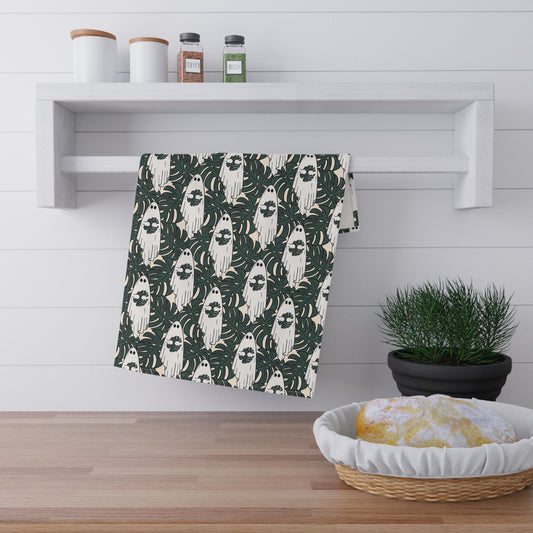 Cute ghost holding monstera leaf tea towel. Set of 2 cotton kitchen towels.