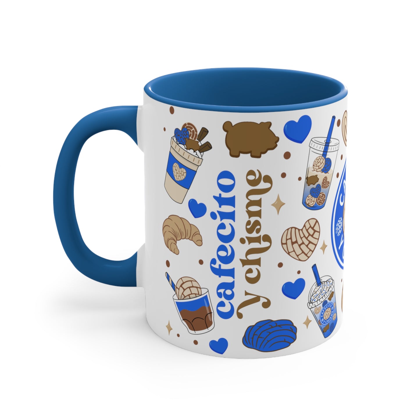 Blue cafecito y chisme Coffee Mug, 11oz for coffee time and chisme time. Senora life gift for holiday season. Mexican cup