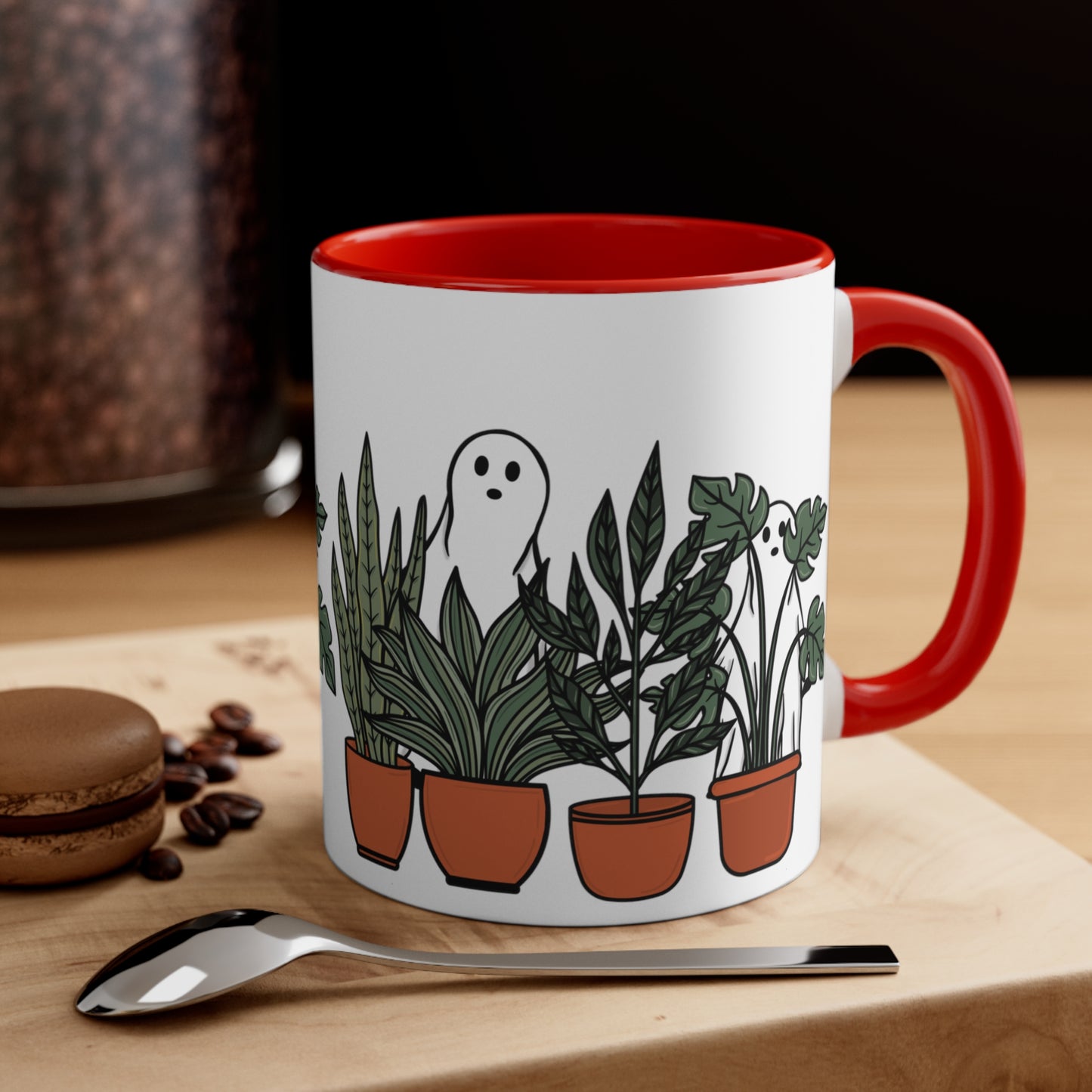 Potted plants and ghosts ceramic Coffee Mug, 11oz for him or her. Cute Halloween coffee mug with house plants for plant lady or plant daddy.