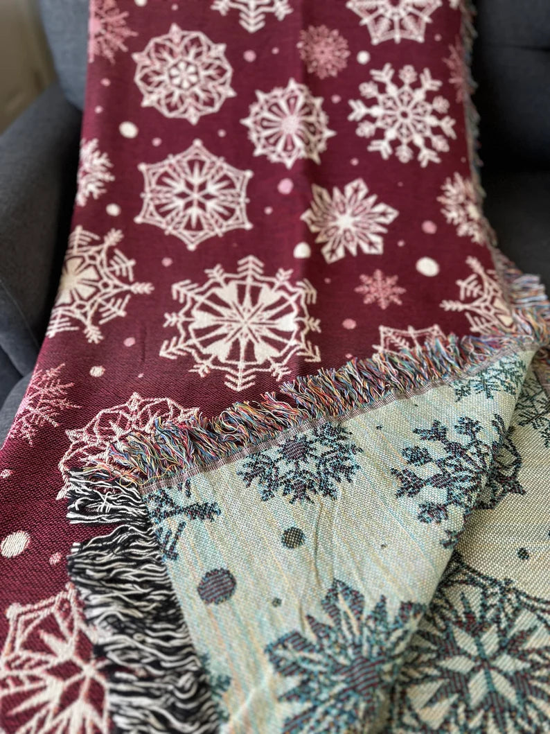 Red and white snowflakes Woven Blankets for holiday season. Christmas gift for family and friends.