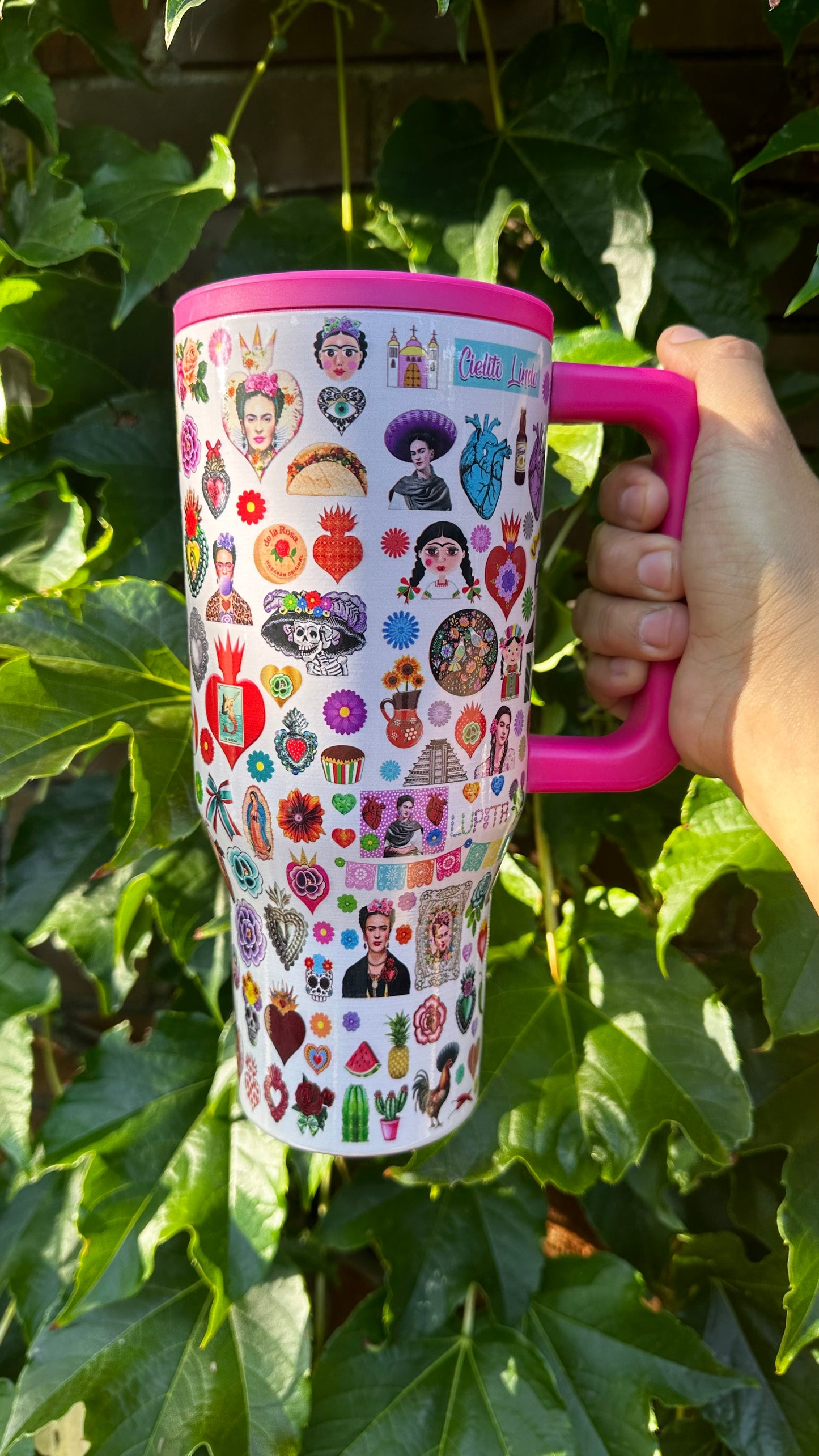 Mexican Mug with pink handle and flip straw - 32oz Stainless Steel Tumbler with Iconic Mexican Symbols