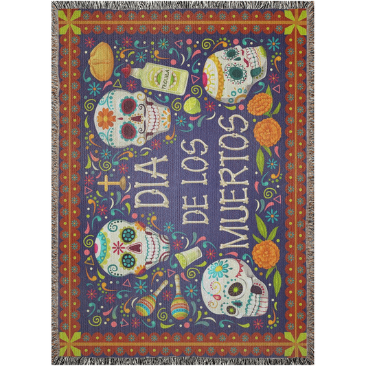 Dia de muertos Woven Blanket. Mexican tradition: Day of the dead with Sugar skulls art.