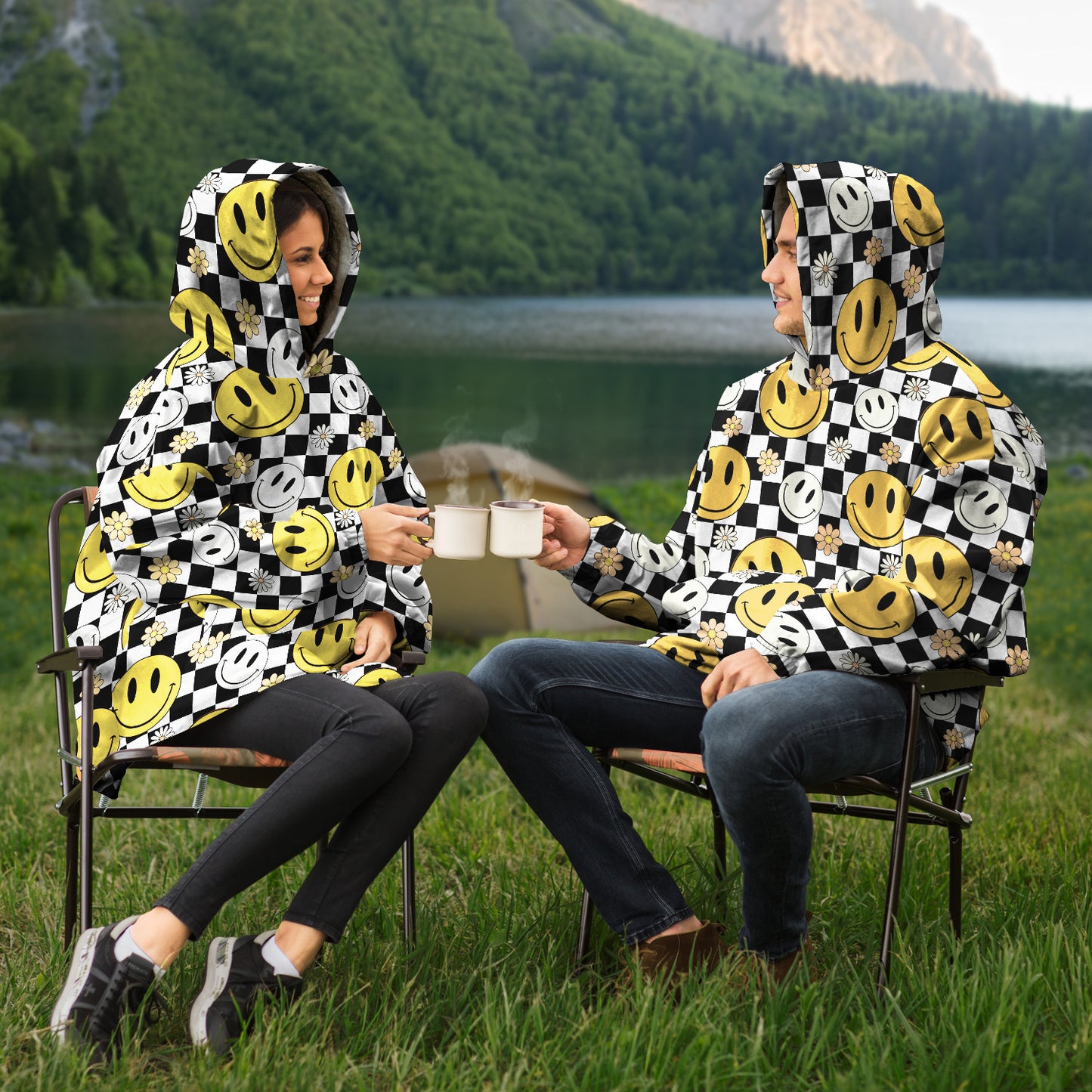 Black and white checkered Snug Hoodie with happy face and daisy flowers for him or her.