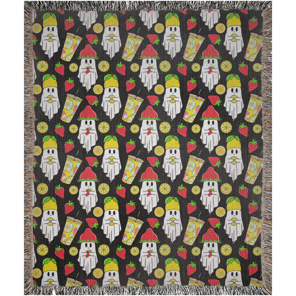 Ghost Woven Blankets. Ghost holding lemon blanket and ghost holding strawberry woven blanket. Gift for Halloween lover.