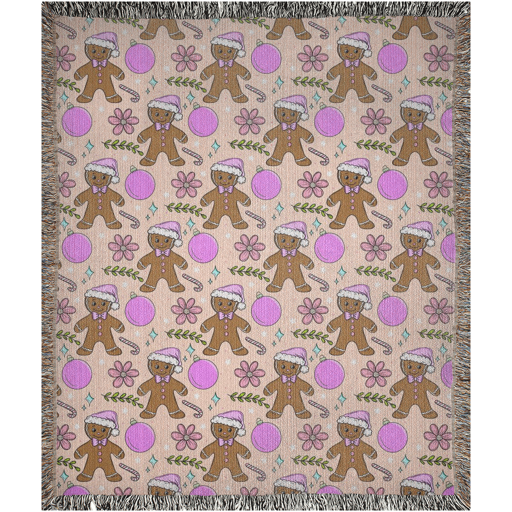 Cute gingerbread man Woven Blanket with pink Christmas decor for holiday season.